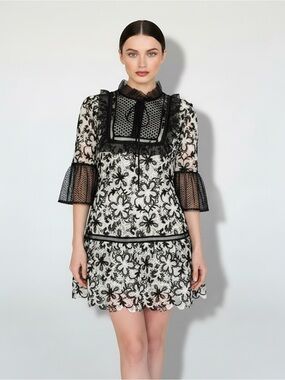 Self-Portrait Black White Floral Guipure Lace Mini Dress Bell Sleeve UK10/US6